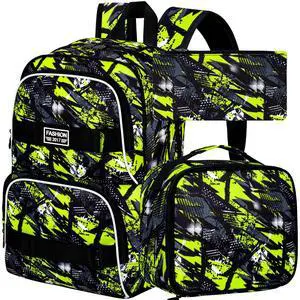 3Pcs Boys Backpack, 17 Inches School Bookbag with Lunch Box, Graffiti Laptop Backpacks Set for Teens College Students(Green)