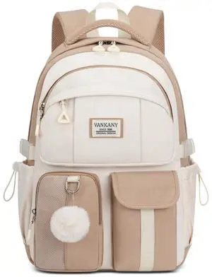 VANKANY School Backpack for Teen Girls, 15.6in Laptop Bag Cute Bookbag Aesthetic for Middle School Big Student College Women Mochilas Escolares Ninas (Khaki Beige)