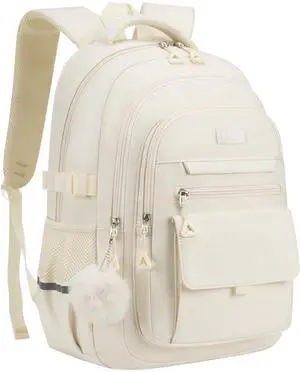 VANKANY Cute Teen Girls Backpack, Big Student School Backpack Laptop Bookbag for College Women Aesthetic Middle High School Bag, Mochilas Escolares, Beige