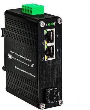 Mini Industrial 1-Port 100/1000X SFP to 2-Port 10/100/1000T Ethernet Media Converter, Full/Half-Duplex, Auto MDI/MDI-X, DIN-Rail & Wall Mount, -40degF to 167degF Operating Temperature