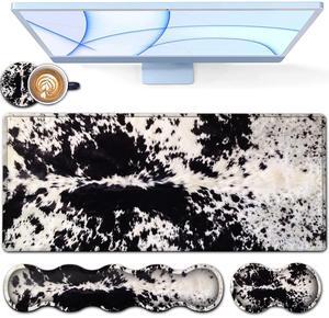 Desk Pad, Keyboard Mouse Pad Set, Extended Gaming Mouse Pad+ Ergonomics Memory Foam Wrist Rest Support, 31.5x15.7in Large Mouse Pad with Stitched Edges, Cute Black White Cowhide Fur XXL Mouse Mat