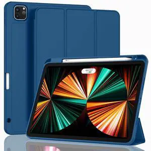 ZryXal New iPad Pro 12.9 Inch Case 2022/2021/2020(6th/5th/4th Gen) with Pencil Holder,Smart iPad Case [Support Touch ID and Auto Wake/Sleep] with Auto 2nd Gen Pencil Charging (Navy Blue)