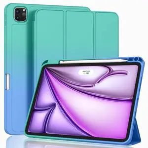 ZryXal New iPad Air 13 Inch Case M2 2024 with Pencil Holder, Smart iPad Case [Support Pencil Pro and Pencil(USB-C)], Support Touch ID and Auto Wake/Sleep (Blue/Green)