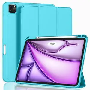 ZryXal New iPad Air 13 Inch Case M3 2025/M2 2024 with Pencil Holder, Trifold Stand Smart Case with Soft TPU Back,Auto Wake/Sleep(Cyan)