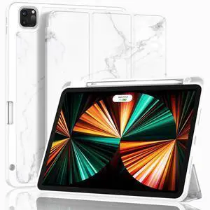 ZryXal New iPad Pro 12.9 Inch Case 2022/2021/2020(6th/5th/4th Gen) with Pencil Holder,Smart Case [Support Touch ID and Auto Wake/Sleep] with Auto 2nd Gen Pencil Charging (Marble White)