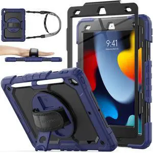 SEYMAC stock Case for iPad 9th/ 8th/ 7th Generation 10.2'', Shockproof with Screen Protector, Pencil Holder [360° Rotating Hand Strap] & Stand, for iPad 10.2 inch 2021-2019 (Navy Blue)