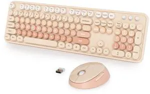 SbocKeeb Wireless Keyboard and Mouse Set, Retro Typewriter Keyboard, 2.4GHz Full Size 104-Key Cute Keyboard with Number Pad, Colorful Keyboard with Round Keycaps for Windows PC Laptop(Brown)
