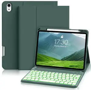 SQBEBS Case with Keyboard for iPad (A16) 11th / 10th Generation 11 inch 2025/10.9 inch 2022, 7 Colors Backlit Detachable Keyboard, Stand Folio Keyboard Cover with Pencil Holder, Dark Green