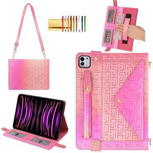 Shiny Case for iPad Pro 12.9" 6th/5th/4th Gen & iPad Air 13-inch Handbag w/Hand Strap, Techcircle Crossbody Iridescent Folio Stand Wallet Case w/Pencil Holder+Shoulder Strap, Shiny Rose Pink