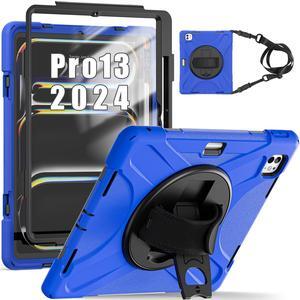 TSQQST Case for iPad Pro 13 Inch M4 2024 with Screen Protector, Heavy Duty Rugged Protective Case with Pencil Holder+Stand+Hand Strap, Drop Proof Cover for iPad Pro 13" 7th Generation, Blue