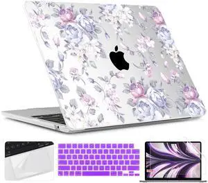 TWOLSKOO for M4 MacBook Air 13.6 inch Case 2025-2022 Release M4 A3240 M3 A3113 M2 A2681, Plastic Hard Shell & Screen Protector & Keyboard Cover & Trackpad Film, Purple Peony