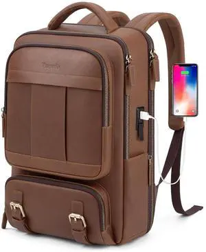 Tzowla Leather Laptop Backpack, Bag for Men and Women,Business Travel Work Rucksack Fits 15.6 Inch Laptop, Bookbag with USB and Type-C Charging Port-Brown
