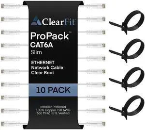 ClearFit Slim 10 Pack - 1ft Cat6A Cable with 4 8-Inch Hook and Loop Straps, 28AWG Ethernet Patch, Network, Clear Boot, Cat 6A Internet, White, 1 Foot, by UNC Group