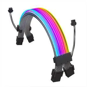 VELATEMOR RGB Power Supply Cables Kit, 18AWG PSU Extension Cable, 2 x 8 Pin PSU Extension Cable Kit, Double LED Light RGB PSU Cables for 24 pin Motherboard Extension (Black)