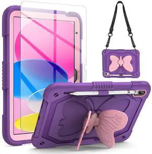 VOFUOE for iPad 10th Generation Case for Kids Girls 2022 10.9 Inch for iPad A16 Case 11th Generation 2025 with Screen Protector Shoulder Strap Butterfly Wings Stand Pencil Holder Rugged Cover-Purple