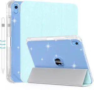 iPad (A16) 11th/10th Generation (2025/2022) 10.9-inch with Pencil Holder, Sparkle Glitter Leather Cover [Support Touch ID and Auto Wake/Sleep] Lightweight Clear Rear Folio Case (Blue)