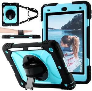 Vteutu Case for iPad 9th/8th/7th Gen Case 10.2" - Shockproof, 360deg Rotating Stand, Hand & Shoulder Strap, Pencil Holder (Black+Aqua)