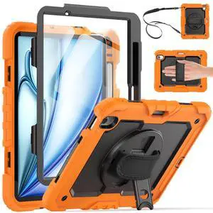 Whmeolyo for iPad Air 11-Inch Case M3/M2 (2025/2024), Shockproof Case for iPad Air 7th/6th Generation 11 Inch with Screen Protector/Pencil Holder/Kickstand [Hand & Shoulder Strap],Orange