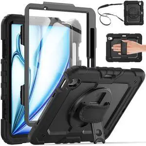 Whmeolyo for iPad Air 11-Inch Case M3/M2 (2025/2024), Shockproof Case for iPad Air 7th/6th Generation 11 Inch with Screen Protector/Pencil Holder/Kickstand [Hand & Shoulder Strap],Black