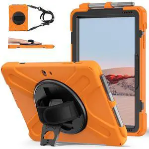 ZenRich Rugged Case for Surface Go with Pen Holder, Heavy Duty Shockproof Case with Stand, Hand Strap and Shoulder Belt - Orange