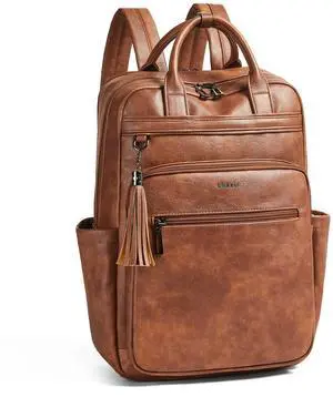 Shrrie Laptop Backpack for Women 15.6 inch Travel Leather Backpack Purse Work Computer Backpacks for Business College Brown