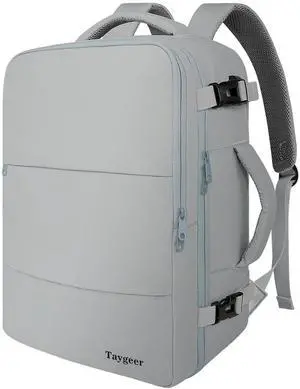 Taygeer Carry On Backpack for Men Women, Travel Backpack with USB Charging Port & Shoe Pouch, Laptop Mochila 17.3inch Flight Approved, College Teacher Tote Bag for Business Travel, Grey