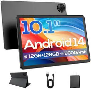 DigiLand 2025 Tablet 10.1" Android 14, MTK Helio G80 Octa-Core 12GB RAM 128GB, HD IPS Touchscreen, Wi-Fi 6, BT 5.0, 6000mAh Battery, Dual Camera, Stand Case, Widevine L1, Grey