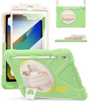 BRAECN Case for ipad 9th/8th/7th Generation 10.2'' Heavy Duty Screen Protector 360° Rotating Stand Handle Pencil Holder Shockproof Drop Protection Shoulder/Hand Strap Durable Kids-Friendly