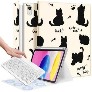Wazzasoft for iPad 10th Generation Case with Keyboard - for iPad A16 Cases Pencil Holder 10.9 Inch Cover Women Girl Cute Girly Black Cat Unique Design Funda for Apple Tablet 10th/11th gen