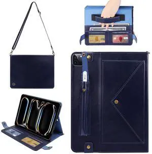 Handbag Case for iPad Pro 11-inch M4 2024 5th Gen - Techcircle Folio Stand iPad Crossbody Wallet Case with Pencil Holder, Hand Strap+Shoulder Strap Protective Cover, Navy