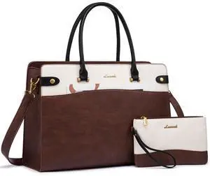 LOVEVOOK Laptop Tote Bag For Women Work, Vintage Leather Computer Bags For Laptops For Women, Waterproof Laptop Bag Business Briefcase Office Large Shoulder Handbag Purse, 15.6 Inch, Brown-Beige-Black