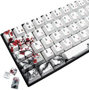 JSJT Keycaps 60 Percent - Plum Blossom Keycap,Japanese Keycap Set 71 Keys PBT OEM Profile Key Caps Suitable for GK61/GK64/RK61/Anne /ALT61 Cherry MX Switches Mechanical Keyboards