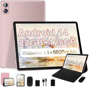 Dghrti 2025 Android 14 Tablet, 22G+128G/1TB Expansion, 10 inch Tablets with 8000 mAh Battery, Octa-Core, GPS, Split-Screen, Face Unlock, 2 in 1 Tablet with Keyboard, Mouse, Case, Rose Gold