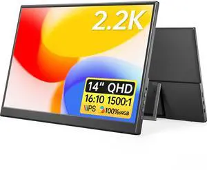 Yxk Portable Monitor 14 inch 2.2K QHD USB C HDMI Ultra-Slim IPS Travel Display w/Smart Cover & Speakers, HDR Plug&Play, External Monitor for Laptop PC, Phone,Mac