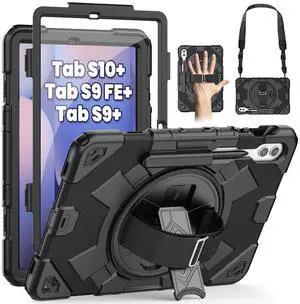 SEYMAC Case for Samsung Galaxy Tab S10+ Plus 2024/S9 FE+/S9+ 12.4'' 2023, Shockproof Protective Case with Screen Protector, Rotating Stand, Hand/Shoulder Strap, Black