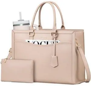 LOVEVOOK Laptop Tote Bag for Women, Office Work Bag Briefcase fit for 15.6 inch Laptop, Large Capacity Teacher Computer Bag Handbag,2pcs Set, Leather/Apricot