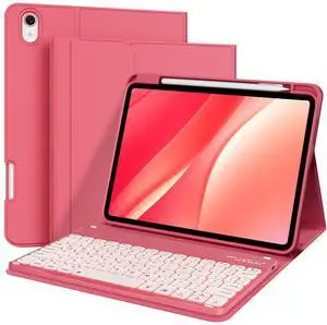 kenke for iPad 11/10th Gen Case with Keyboard 11/10.9 inch 2025 A16/2022, 7 Colors Backlit Wireless Detachable Folio Bluetooth Keyboard Cover Thin & Light with Pencil Holder, Square Keycaps, Hot Pink