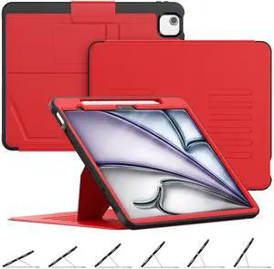 HXCASEAC Case for iPad Air 13 inch M3 M2 2025/2024, Multi-Angle Magnetic Stand & Pencil Holder & Card Slots & Strong Magnets Support Stick to Fridge (A3268/A3269/A3271/A2898/A2899) Cover - Red