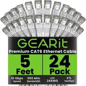GEARit Cat 6 Ethernet Cable (24-Pack 5 Feet) Cat6 Network Patch, 10Gbps, RJ45, Snagless Cord, Gold-Plated Connectors, Internet for PC, TV, Tablet, Router, Printer, Servers, IT Data Center - White