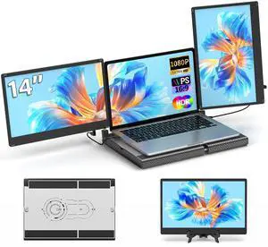 POTTMACEE 14" FHD 1080P Laptop Screen Extender, Portable, Plug & Play, 360° Rotation, Detachable, Triple Screen Compatible with Mac, Windows, Chrome