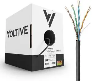 Voltive Cat5e Plenum (CMP), 1000ft, Black - Solid Bare Copper Bulk Ethernet Cable - UTP - 350MHz - UL Certified & ETL Verified