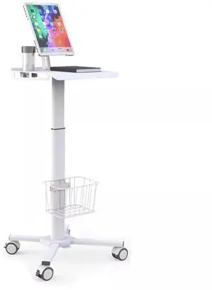 Mount Plus C01 Height Adjustable Mobile Medical Tablet Cart with Wheels and Tablet Enclosure Basket Storage | Medical Trolley for Hospital Clinic Beauty Salon | Pneumatic Mobile iPad Workstation