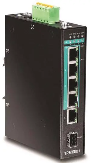 TRENDnet 5-Port Hardened Industrial Gigabit PoE+ DIN-Rail Switch, 120W Power Budget, 1 x SFP Slot, IP30 Rated, Unmanaged Switch, Gigabit PoE+ Network Switch, Lifetime Protection, Black, TI-PG541