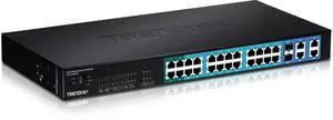 TRENDnet 28-Port 10/100Mbps Web Smart PoE+ Switch, 20 x PoE Ports, 4 x PoE+ Ports, 2 x Gigabit Ports, 2 x Shared Gigabit Ports (RJ-45 or SFP), Rack Mountable, Lifetime Protection, Black, TPE-224WS