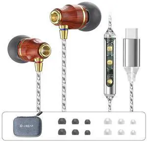 KBEAR KW1 USB Type C Headphones in Ear Earphones with Mic and Volume Control, Wood Wired Earbud with Rich Dynamics, OFC Silver-Plated Cable DAC Chip Earbuds for Samsung Galaxy Pixel with Case