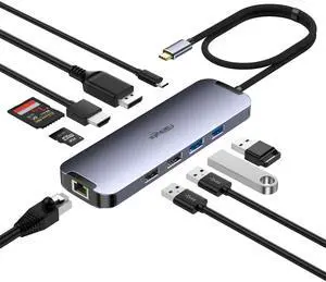USB C Hub HDMI 4K60Hz, USB C Docking Station to DisplayPort, USB-C Thunderbolt 3 Hub Laptop Docking Station Dual Monitor with Ethernet, PD, USB3.0, SD/TF Card Reader Compatible for Windows/Mac