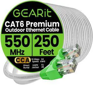 GEARit RJ45 Cat-6 Ethernet Patch Cable, 10Gpbs Transfer Speed, Gold-Plated Connectors, Copper Clad, Outdoor, UV Resistant, Direct Burial, Waterproof, Durable, 250 Foot (76.2 Meters), White