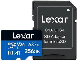 Lexar High-Performance 633x 256GB microSDXC UHS-I Card with SD Adapter, C10, U3, V30, A1, Full-HD & 4K Video, Up To 100MB/s Read, for Smartphones, Tablets, and Action Cameras (LSDMI256BBNL633A)