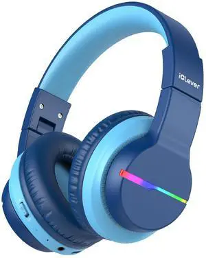 iClever BTH12 Kids Bluetooth Headphones,Colorful LED Lights Kids Headphones Wireless,74/85dBA Safe Volume,85H Playtime,Fast Charging,Bluetooth 5.2,Over Ear,Built-in Mic for iPad/Tablet/Airplane,Blue