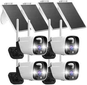 Rraycom 4 Pack Security Cameras Wireless Outdoor Solar Powered with AI Detection, 2K Color Night Vision Security Camera with 2 Way Audio, Alexa, No Monthly Fee, Spotlight & Siren, IP65 Waterproof
